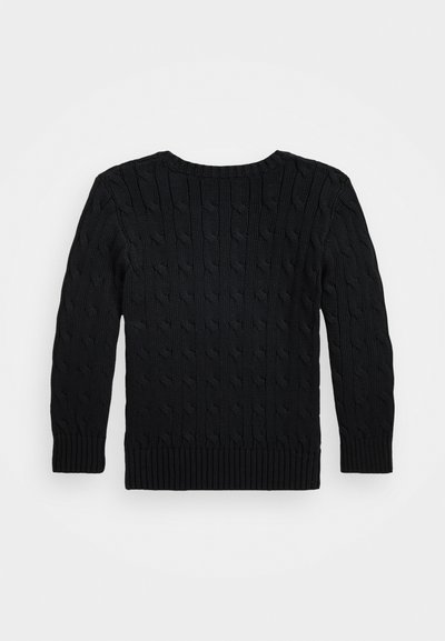 Schwarzer Kabelstrickpullover mit Rundhalsausschnitt, langen Ärmeln und geripptem Saum sowie Bündchen. Strukturmuster im gesamten Pullover.