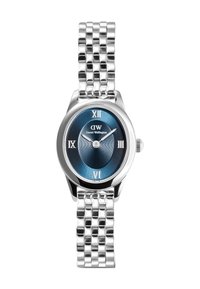 Silver metal watch with a blue oval dial, Roman numerals, and a textured center. Features a polished link bracelet.
