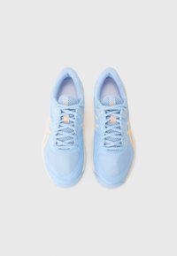 Light blue athletic shoes with a mesh upper, lace closure, and subtle yellow accents. Rounded toe and cushioned sole design.