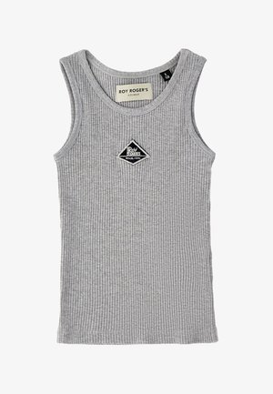 Canotta grigia a coste senza maniche per bambini con una piccola toppa con logo "Roy Rogers" a forma di diamante bianco e nero centrata sul petto.