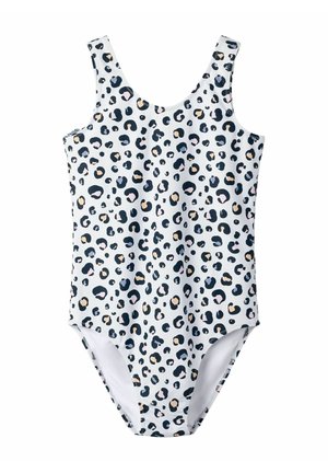 Maillot de bain une pièce blanc avec motif léopard en noir, gris et beige, et larges bretelles.