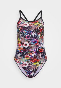 Maillot de bain floral avec un fond noir, présentant des couleurs vives et des motifs tropicaux. Il a des bretelles noires étroites et un design ajusté.