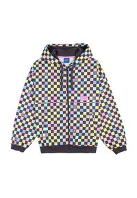 Sweatshirt à capuche zippé avec un motif à carreaux multicolores aux teintes pastel, accents noirs et poches latérales. Texture de tissu douce.