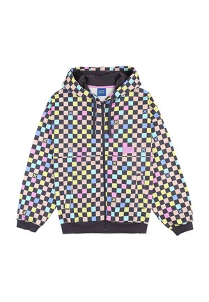 Sweatshirt à capuche zippé avec un motif à carreaux multicolores aux teintes pastel, accents noirs et poches latérales. Texture de tissu douce.