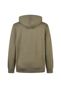 Hooded sweatshirt in olive green cotton blend, featuring a smooth texture, ribbed cuffs, and hem, with a seamless design and no visible branding.