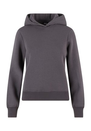 Grå hettegenser laget av myk bomullsblanding, med snor i hetten, lange ermer og ribbestrikkede mansjetter, i en cropped design.