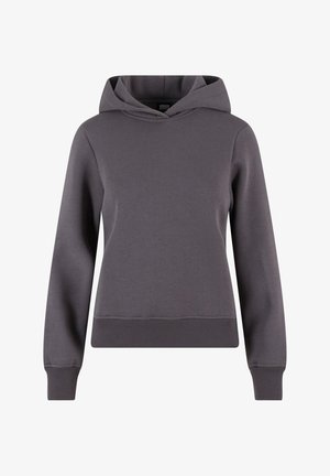Grau Hoodie aus weichem Baumwollmischgewebe, mit einer Kordelzugkapuze, langen Ärmeln und gerippten Bündchen im cropped Design.