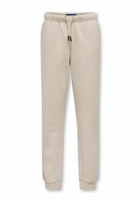 Beiga sweatpants med elastisk midja, justerbar dragsko och ribbade ärmslut. Tillverkade av mjukt tyg med en slät yta.