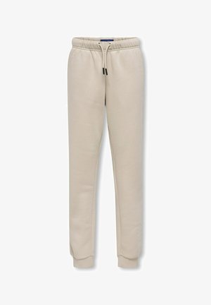 Beige sweatpants med elastisk talje, justerbar snøre og ribbede manchetter. Fremstillet af blødt stof med en glat tekstur.