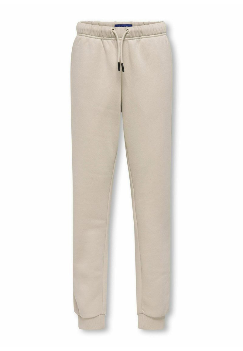 Beige sweatpants with an elastic waistband, adjustable drawstring, and ribbed cuffs. Made of soft fabric with a smooth texture.