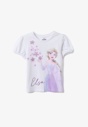T-shirt blanc pour enfants avec manches bouffantes présentant Elsa de La Reine des Neiges portant une robe violette étincelante et des fleurs violettes autour d'elle.