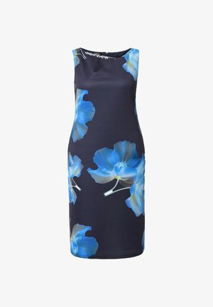 Hihaton polvipituinen laivastonsininen mekko, jossa suuret siniset kukkakuvioinnit ja pyöreä pääntie.