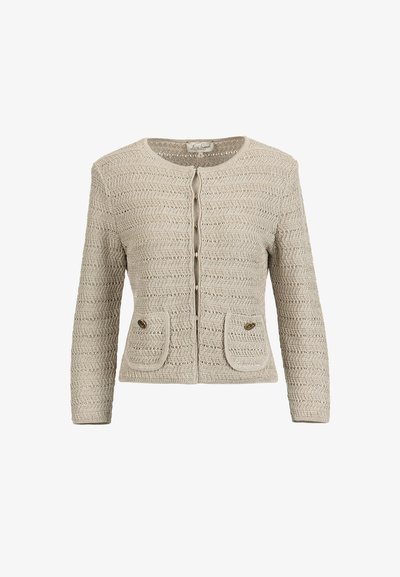 Cardigan bej tricotat, cu mâneci lungi, guler rotund, închidere frontală cu cârlige și două buzunare frontale cu detalii cu nasturi.