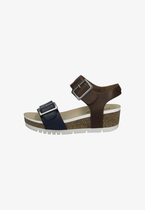 Blaue und braune Wedge-Sandalen für Damen mit gummierter Sohle, verstellbaren Schnallen und einer strukturierten Kork-Zwischensohle. Verfügt über ein konturiertes Fußbett-Design.