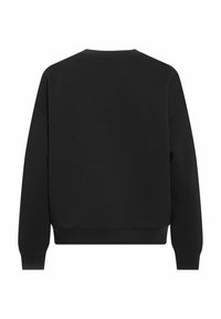 Sudadera negra, cuello redondo, mangas largas, puños y dobladillo acanalados, textura suave, sin patrones ni logotipos visibles, diseño liso en la parte posterior.