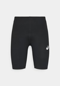 Shorts de sport noirs en tissu extensible. Design ajusté avec une longueur au genou et un logo blanc subtil sur le côté gauche.