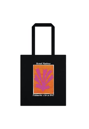 Czarna torba typu tote z fioletowym abstrakcyjnym motywem liścia na pomarańczowym tle i tekstem "Henri Matisse Palmette circa 1947" z przodu.