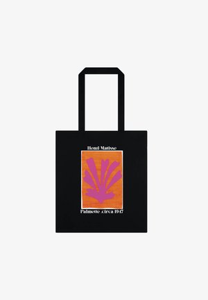 Czarna torba typu tote z fioletowym abstrakcyjnym motywem liścia na pomarańczowym tle i tekstem "Henri Matisse Palmette circa 1947" z przodu.