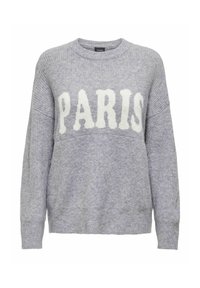Pull en maille gris clair avec un col rond. Présente le mot "PARIS" en blanc doux sur la poitrine. Poignets et ourlet côtelés.
