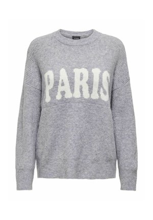 Vaaleanharmaa neulottu neulepaita, jossa on pyöreä kaula-aukko. Rinnassa pehmeällä valkoisella on sana "PARIISI". Ribbaatut hihat ja helma.