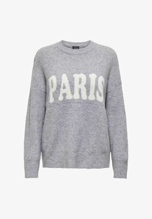 Vaaleanharmaa neulottu neulepaita, jossa on pyöreä kaula-aukko. Rinnassa pehmeällä valkoisella on sana "PARIISI". Ribbaatut hihat ja helma.