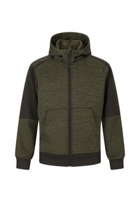 Hættetrøje i mørke olivengrøn med lynlås. Har en tekstureret krop, solide mørke ærmer og ribkanten på ærmer og bund. To forlommer.