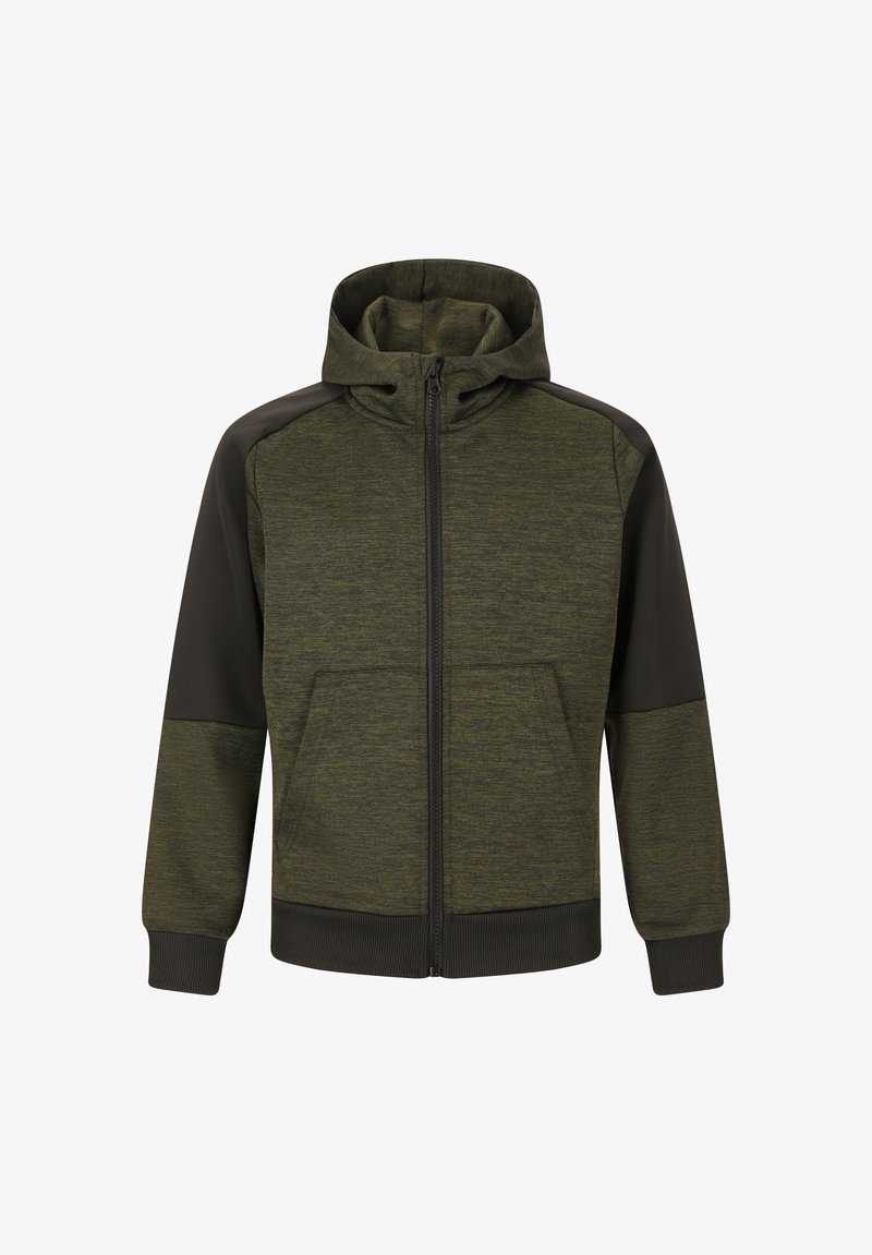 Kapuzenshirt mit Reißverschluss in dunklem Olivgrün, ausgestattet mit strukturiertem Stoff, kontrastierenden schwarzen Schulterpaneelen und Vordertaschen.