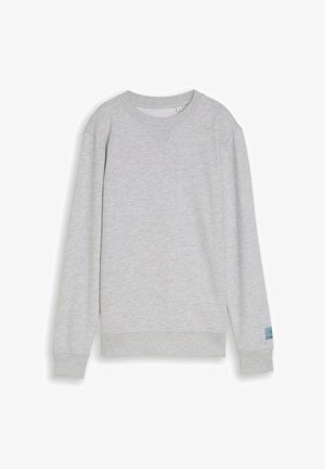 Svetlo siva majica z dolgimi rokavi in okroglim izrezom, z rebrastimi manšetami, spodnjim robom, ovratnikom ter majhno modro etiketo na levem rokavu.