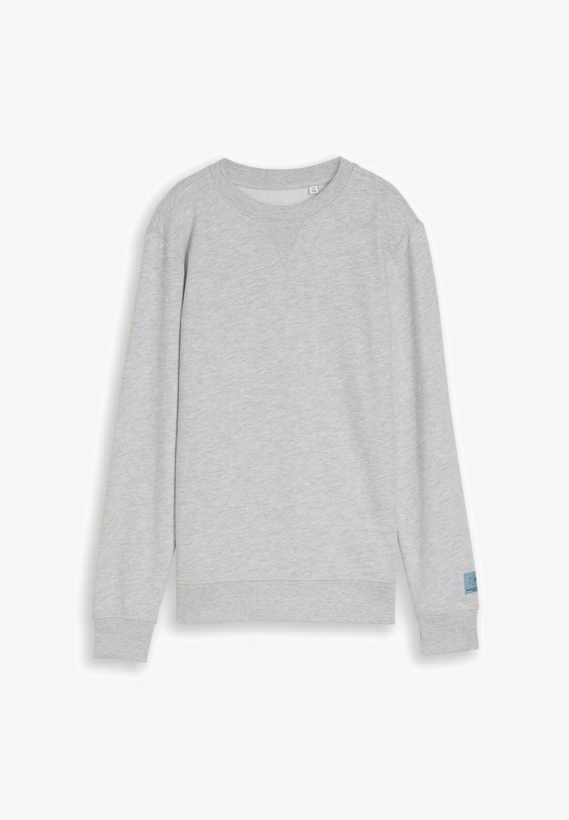 Svijetlosiva majica dugih rukava s okruglim izrezom, rebrastim manšetama, rubom, ovratnikom i malom plavom oznakom na lijevom rukavu.