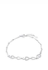 Bracciale d'argento con alternanza di maglie a cuore solide e decorate con strass, dotato di chiusura a gancio e catena regolabile.