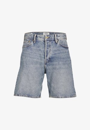 Heledad sinine teksapüksid, millel on mugav lõige, nupukinnitus, viie tasku disain ja kontrastsed õmblused äärtes.