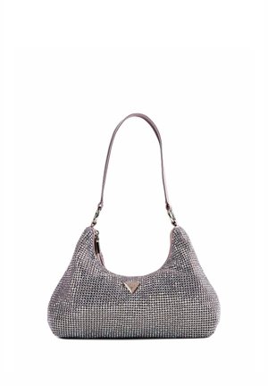 Small silver handbag covered in rhinestones with a single shoulder strap and triangular brand emblem on the front.