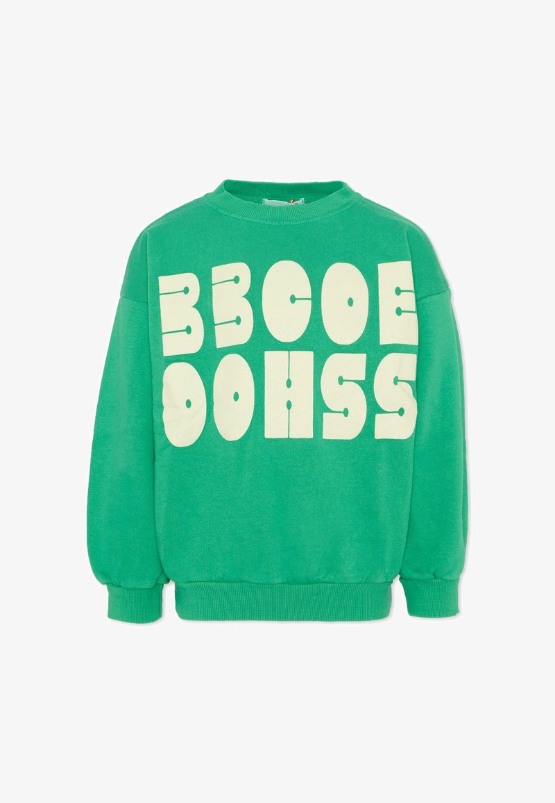 Felpa verde con collo a girocollo e grandi lettere beige a blocchi che formano la scritta "BE COOL DOHSS" sul petto.