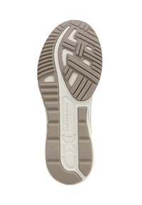 Semelle de chaussure en caoutchouc beige avec des motifs texturés, des rainures et un accent blanc près du bord. Présente le nom de la marque en relief sur la semelle.