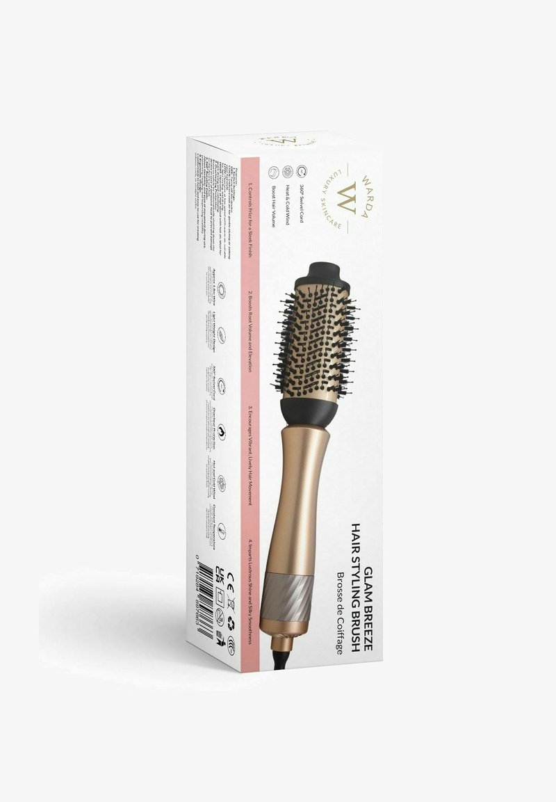 Szczotka do stylizacji włosów Glam Breeze z czarno-złotą rączką, okrągłą główką z włosiem, zapakowana w białe pudełko z różowymi akcentami.