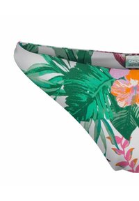 Bikini bottom floreale con un mix di foglie verdi e motivi di fiori colorati su uno sfondo chiaro, realizzato in tessuto elasticizzato.