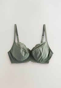 Grön satin bygelbehå med spetsdetaljer, med justerbara remmar och en mjuk yta, som visar en klassisk tre-delad kupdesign.