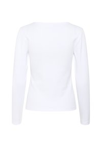 Bílý top s dlouhým rukávem viděný ze zadní strany. Má hladkou texturu, přiléhavý design a základní kulatý výstřih. Bez vzorů nebo akcentů.