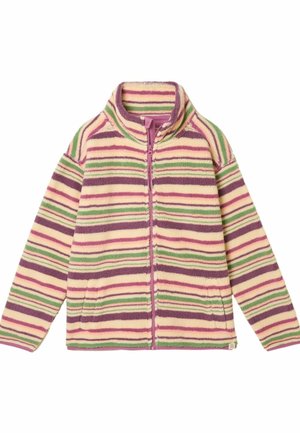 Fleece jacket with vertical stripes in pink, purple, and green. Features a zip closure and a high collar. Soft texture and relaxed fit.