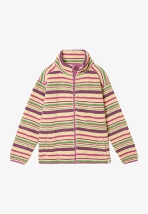 Fleece jacket with vertical stripes in pink, purple, and green. Features a zip closure and a high collar. Soft texture and relaxed fit.