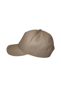 Cappellino da baseball beige con una corona arrotondata, un visiera rigida e sei fori di ventilazione. Realizzato in tessuto liscio con dettagli di cucitura visibili.