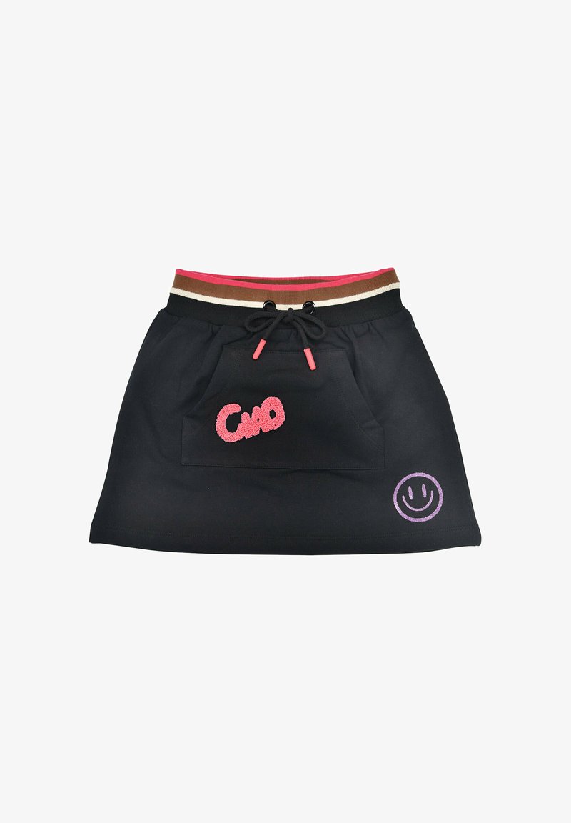 Black skirt with a drawstring waistband, featuring a front pocket, pink embroidered text, and a purple smiley face accent.