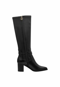 Black leather knee-high boot with a rounded toe, block heel, side zipper, and decorative strap detail around the ankle. Smooth texture.