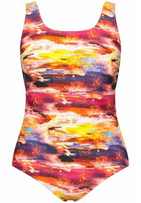 Einteiliger Badeanzug mit mehrfarbigem abstraktem Muster in Orange-, Pink-, Gelb- und Blautönen. Das Material wirkt glatt mit einem leichten Glanz.