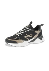 Svarta och gyllene atletiska sneakers med nätöverdel, syntetiska inslag, vita snören och en texturerad sula. Kurvad design med dragflik.