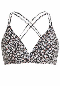 Crni cvjetni bikini top s trokutastim oblikom, ukriženim trakama i malim višebojnim cvjetnim uzorcima na tamnoj pozadini.