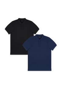 Czarne i granatowe koszulki polo, krótkie rękawy, z kołnierzykiem, wykonane z gładkiego materiału, z zapięciem na guziki, jednolita tekstura i jednolite kolory.