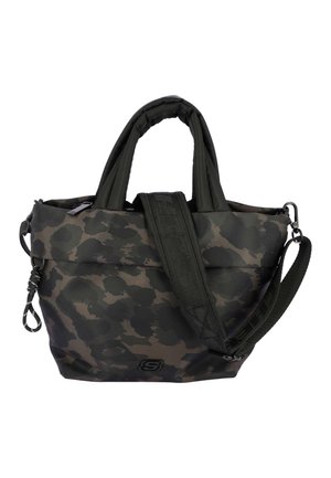 Borsa tote in tessuto con fantasia mimetica, manici imbottiti e tracolla regolabile e rimovibile, chiusura con zip e logo sul davanti.