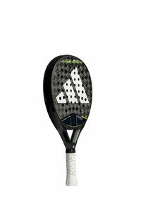 Black paddle racket with a textured, diamond-patterned surface, white logo, and perforations for grip; features a white grip with black dots.