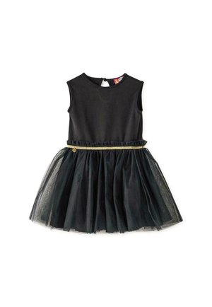 Czarna sukienka bez rękawów, z dopasowanym gorsetem, warstwową spódnicą z tiulu oraz złotym paskiem w talii.